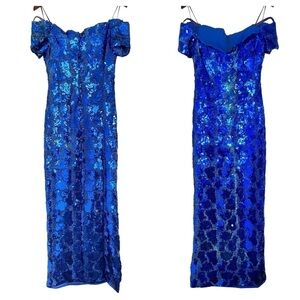 Vintage Y2K Fashion 1001 Nights Cobalt Blue Sequin Off Shoulder Maxi Prom Gown 6